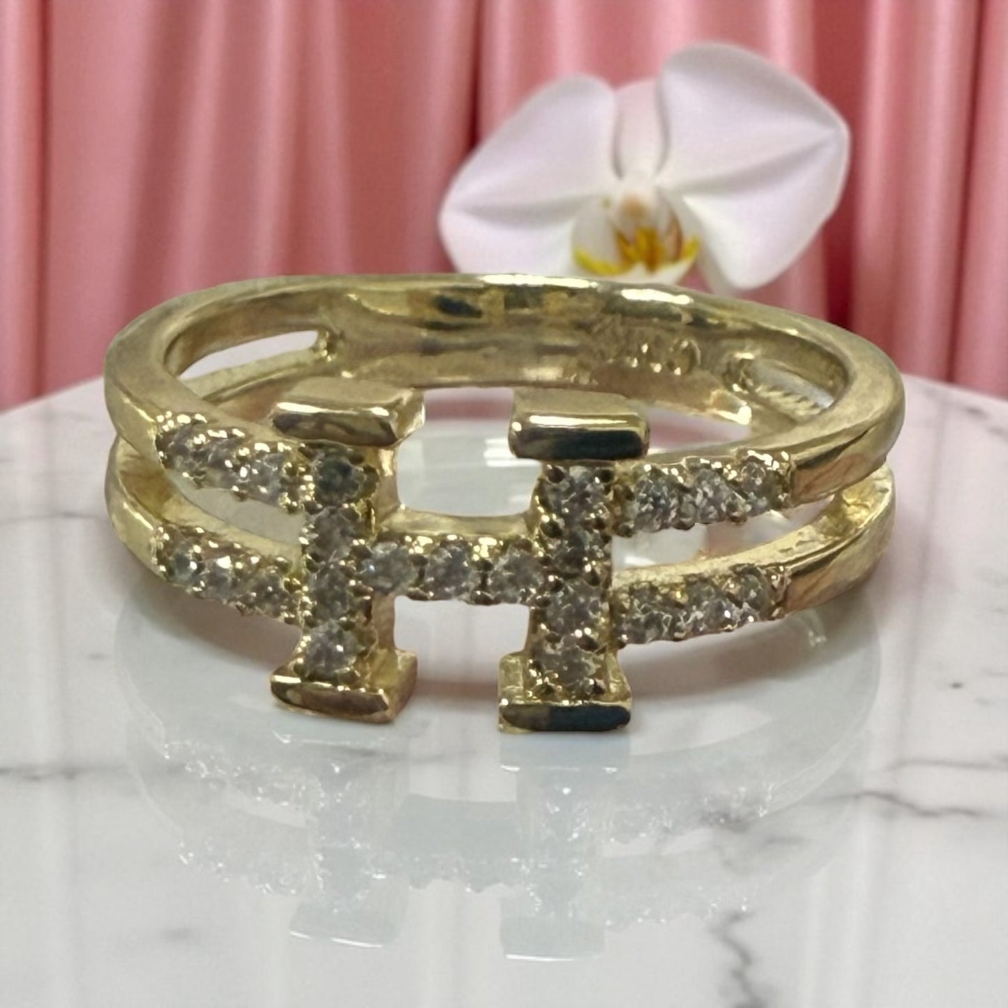 H Letter with Cz 14k Gold Electroplated Ring