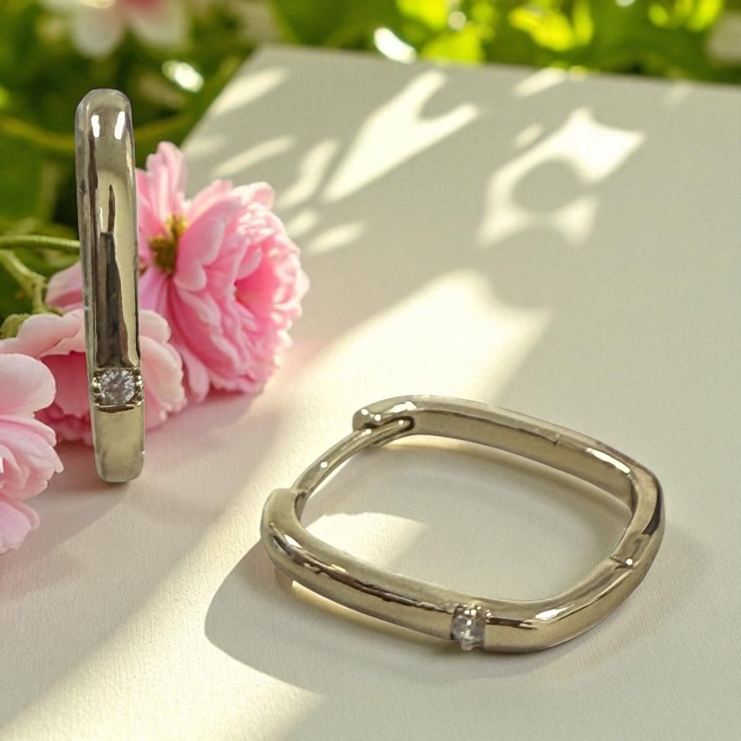 Square with Cz 14k Gold Electroplated Hoop Earrings