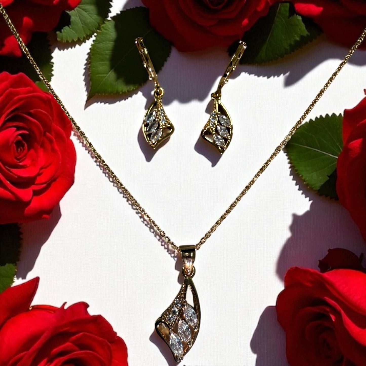 CZ 18k Gold Electroplated Necklace Earrings Pendant Set