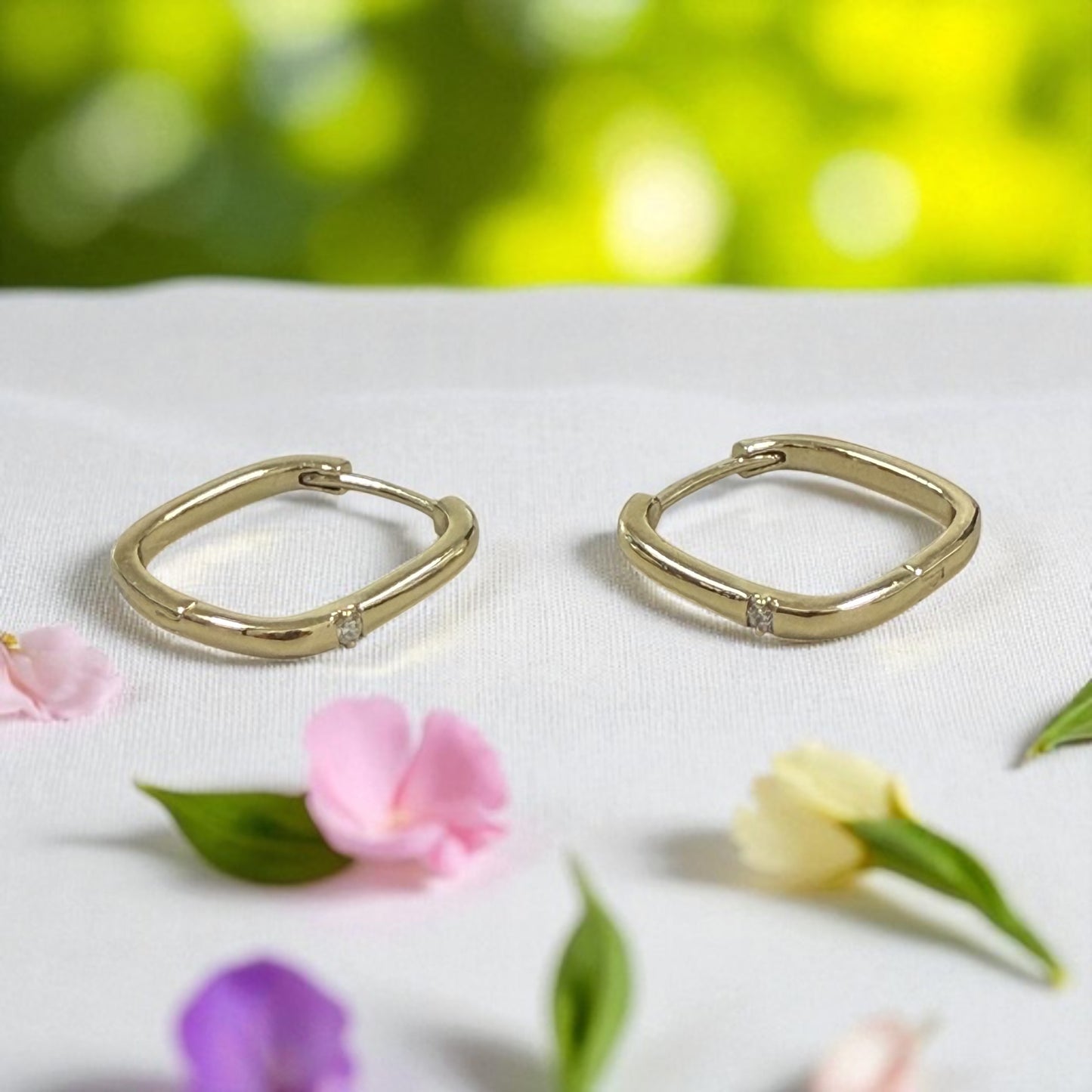 Square with Cz 14k Gold Electroplated Hoop Earrings