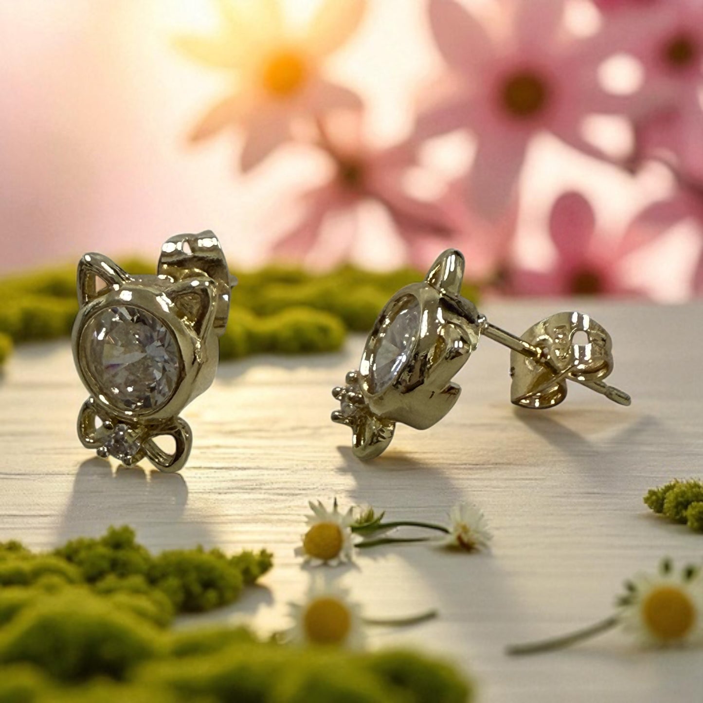 Kitty with Cz 14k Gold Electroplated Earrings