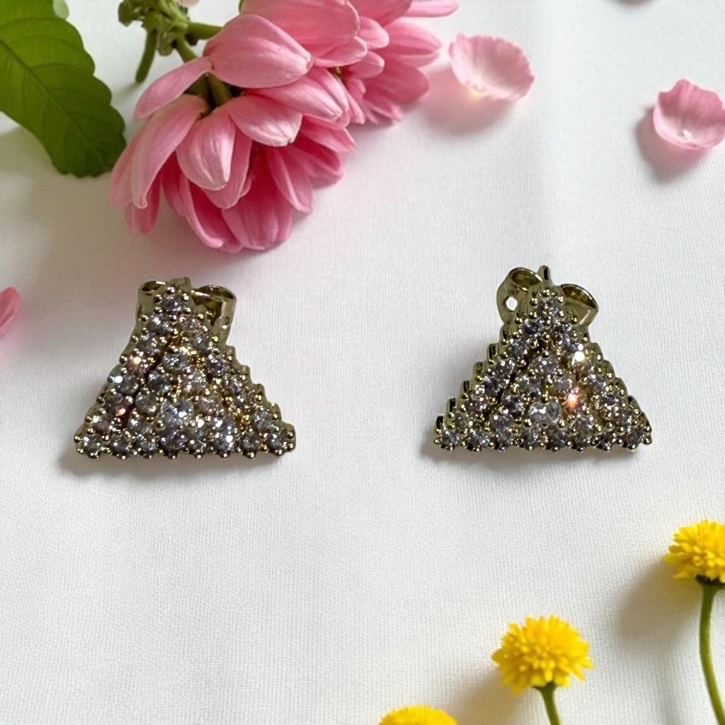 Triangle Shape with Paved Cz Stones 14k Gold Electroplated Earrings