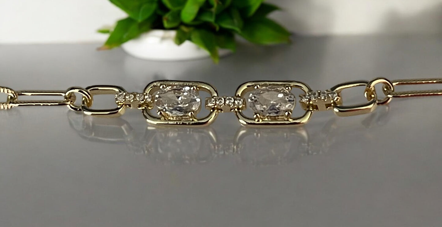 Paper Clip Design CZ 14k Gold Electroplated Bracelet