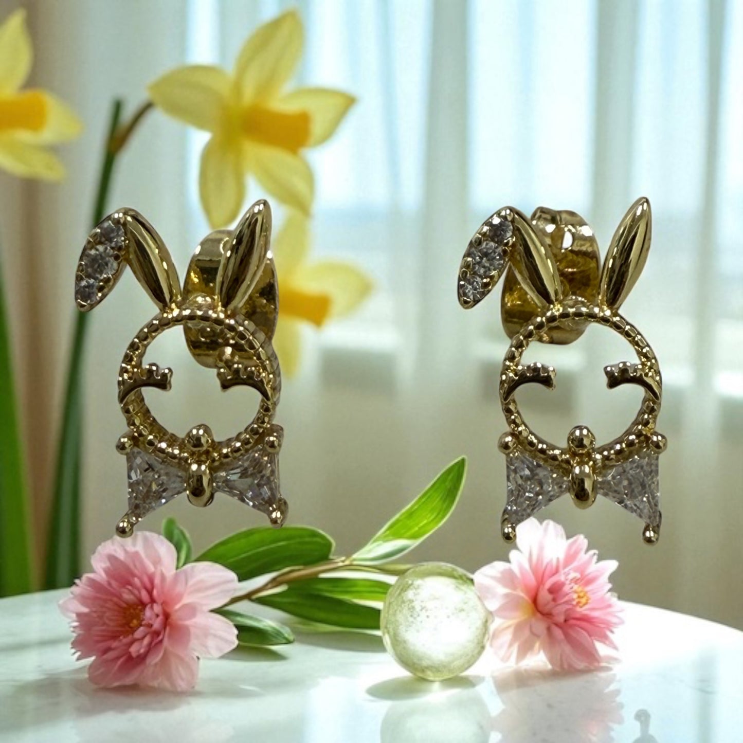 Bunny with Cz 14k Gold Electroplated Post Back Earrings