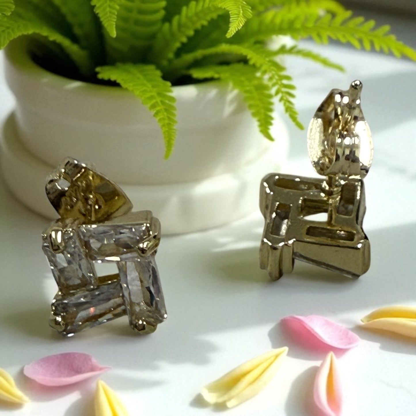 Square with CZ 14k Gold Electroplated Earrings