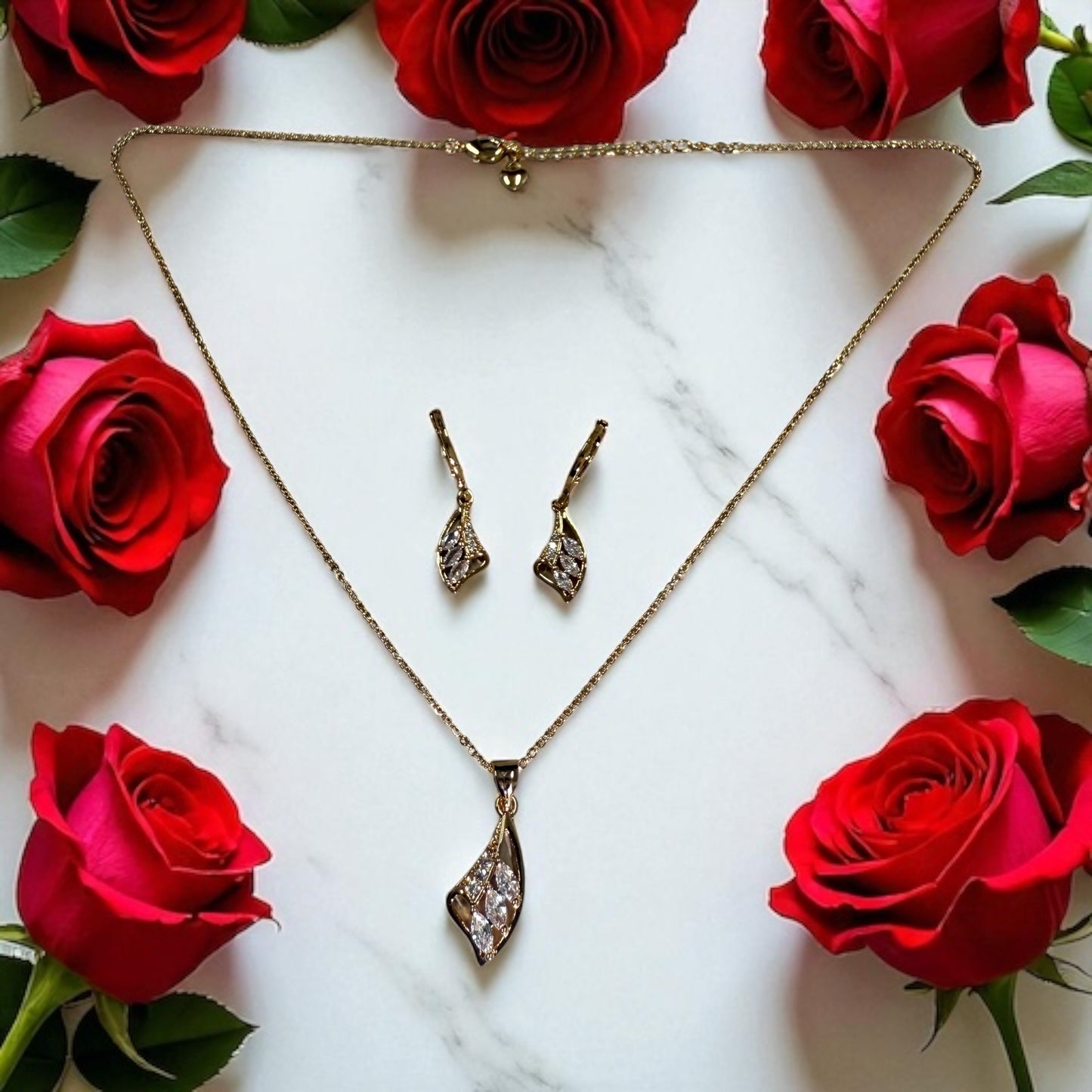 CZ 18k Gold Electroplated Necklace Earrings Pendant Set