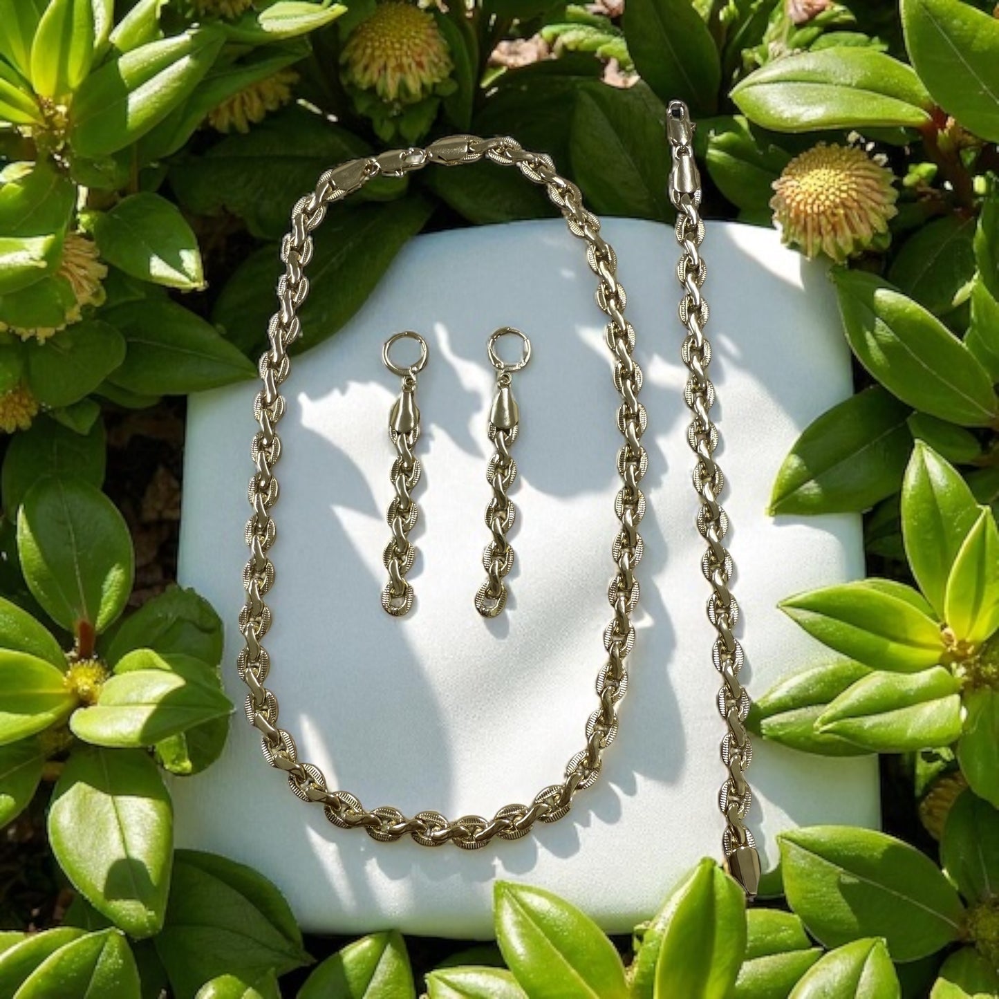 Chain Link 14k Gold Electroplated Necklace Bracelet and Earrings Set