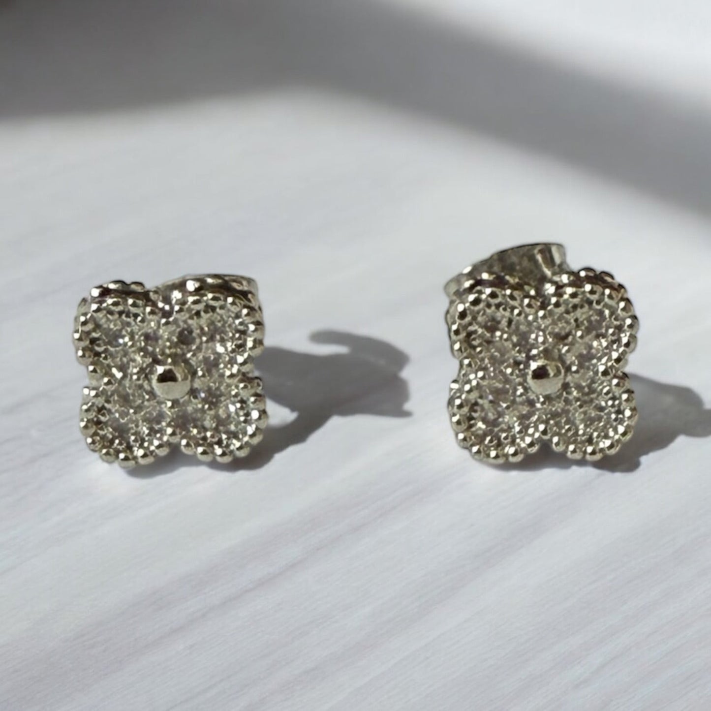 Clover with CZ Rhodium Electroplated Post Back Earrings