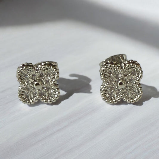 Clover with CZ Rhodium Electroplated Post Back Earrings