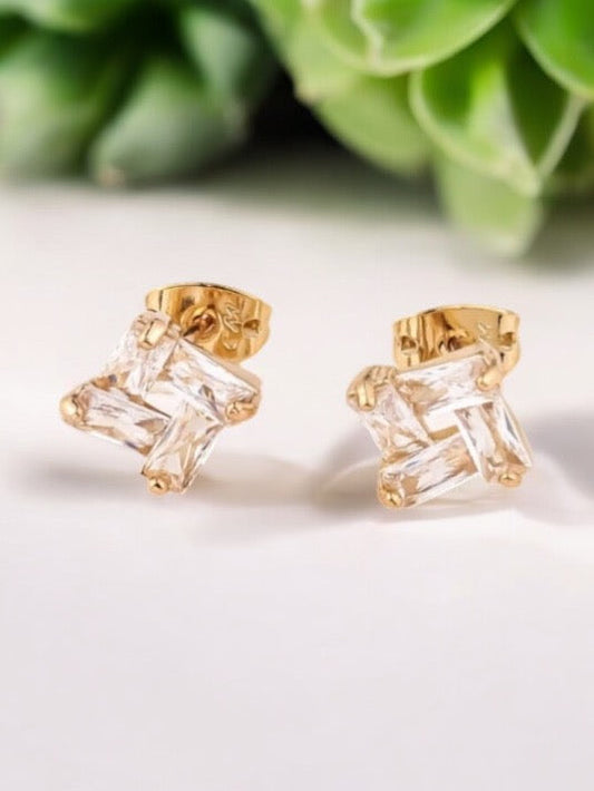 Square Style CZ 18k Gold Electroplated Earrings
