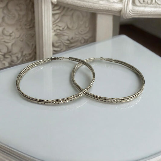 Large with Design Rhodium Electroplated Hoop Earrings