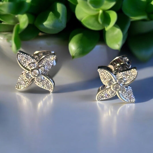 Flower with CZ Stones Rhodium Electroplated Earrings