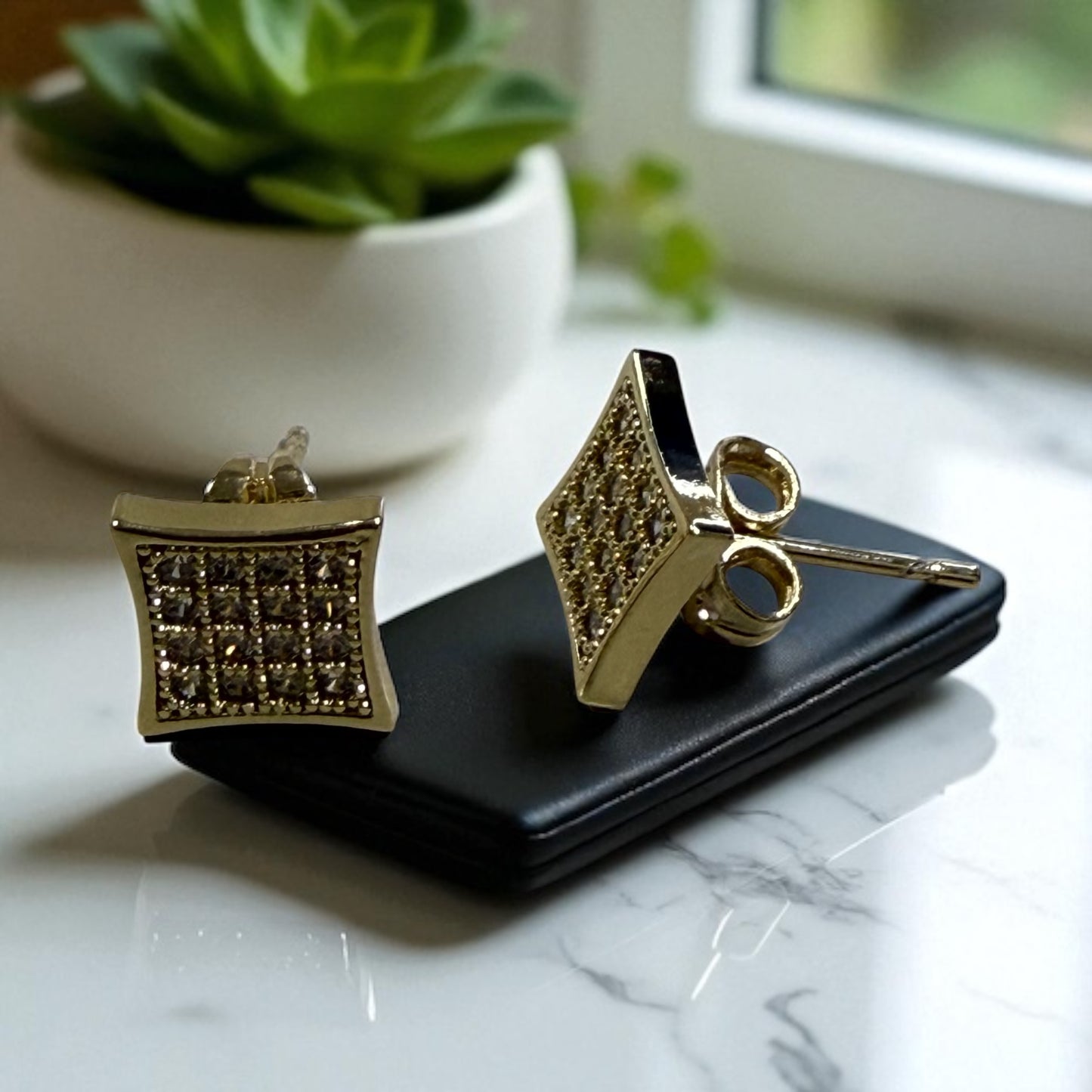 Square with Cz Paved Stones 14k Gold Electroplated Earrings