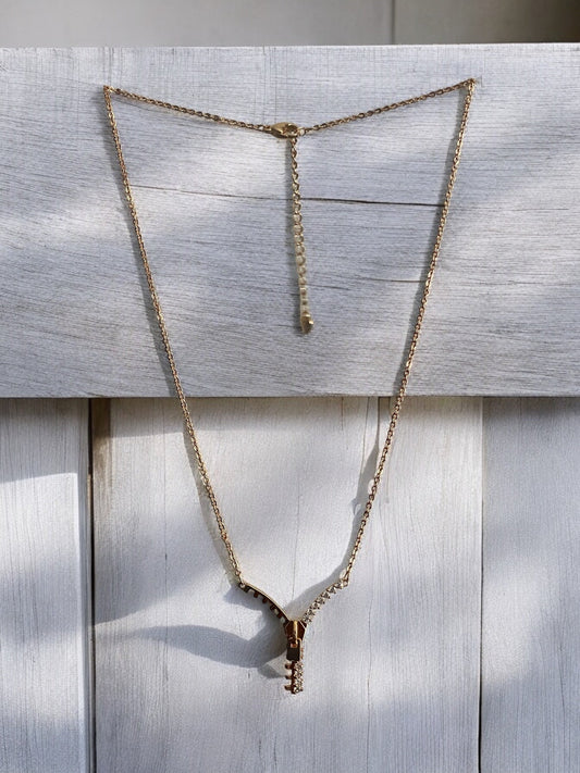 Zipper Design with CZ 18k Gold Electroplated Necklace
