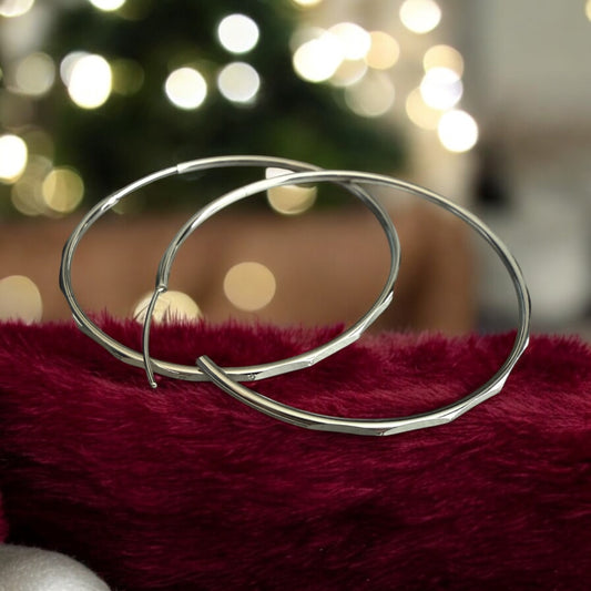 Thin Large with Design Rhodium Electroplated Hoop Earrings