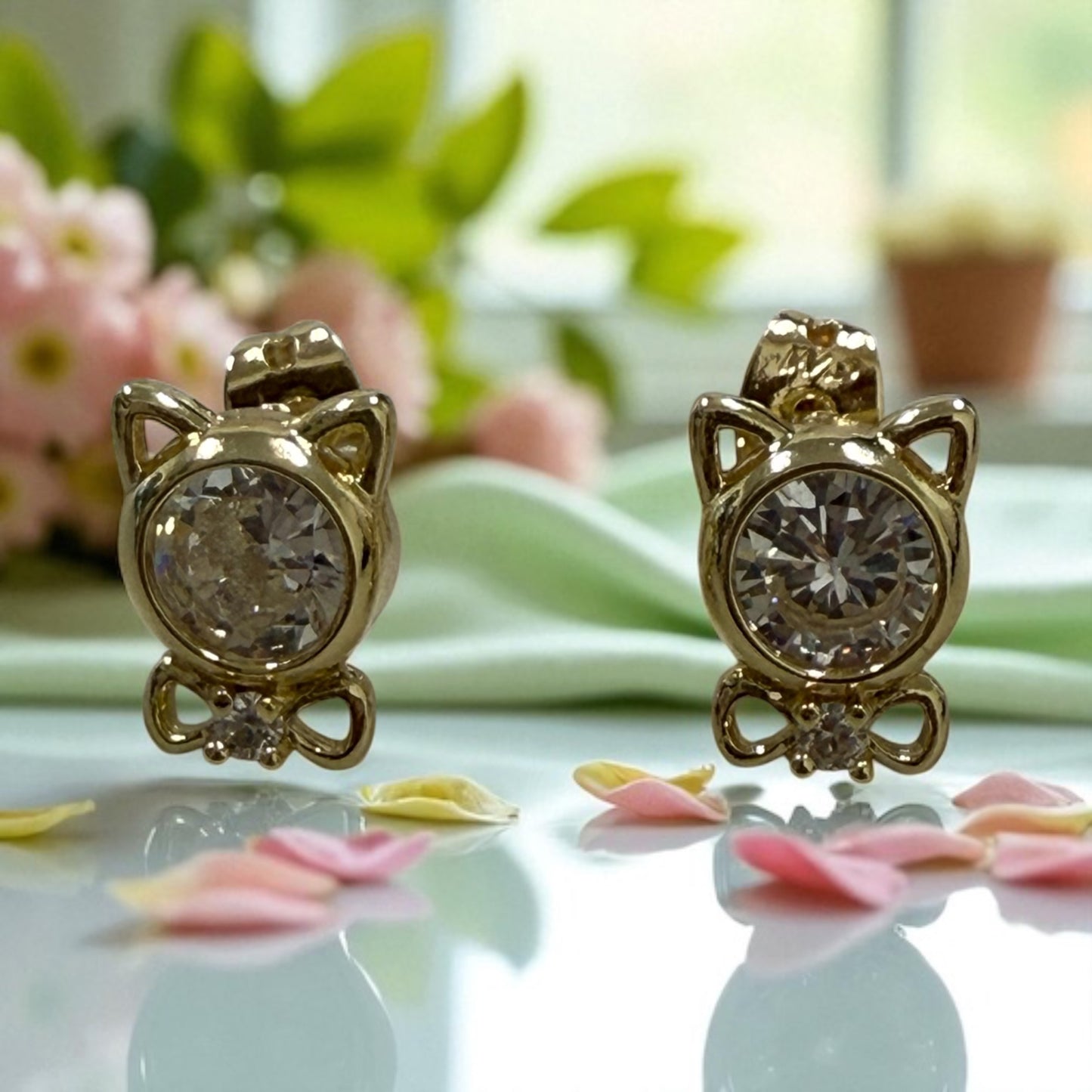 Kitty with Cz 14k Gold Electroplated Earrings