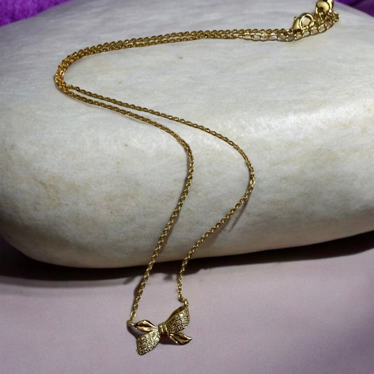 Paved CZ Bow Style 14k Gold Electroplated Necklace