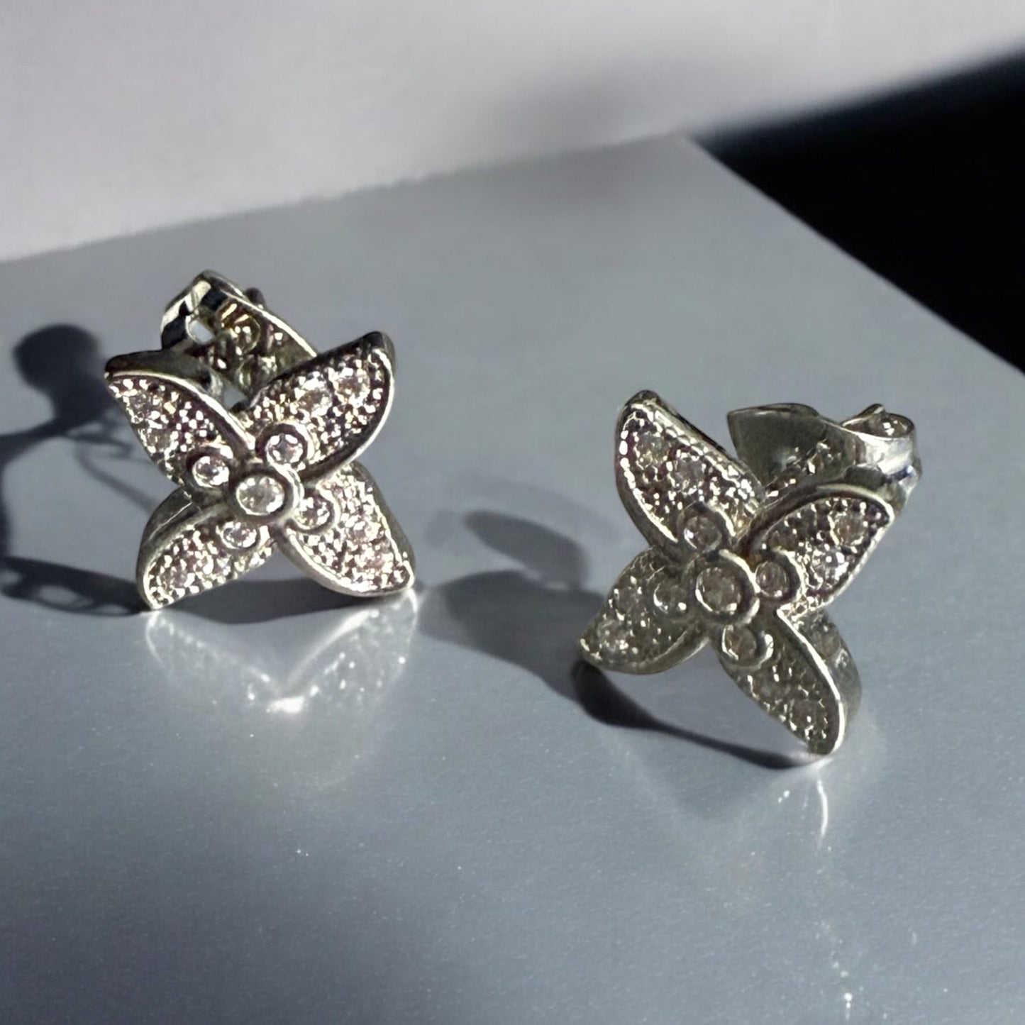 Flower with CZ Stones Rhodium Electroplated Earrings