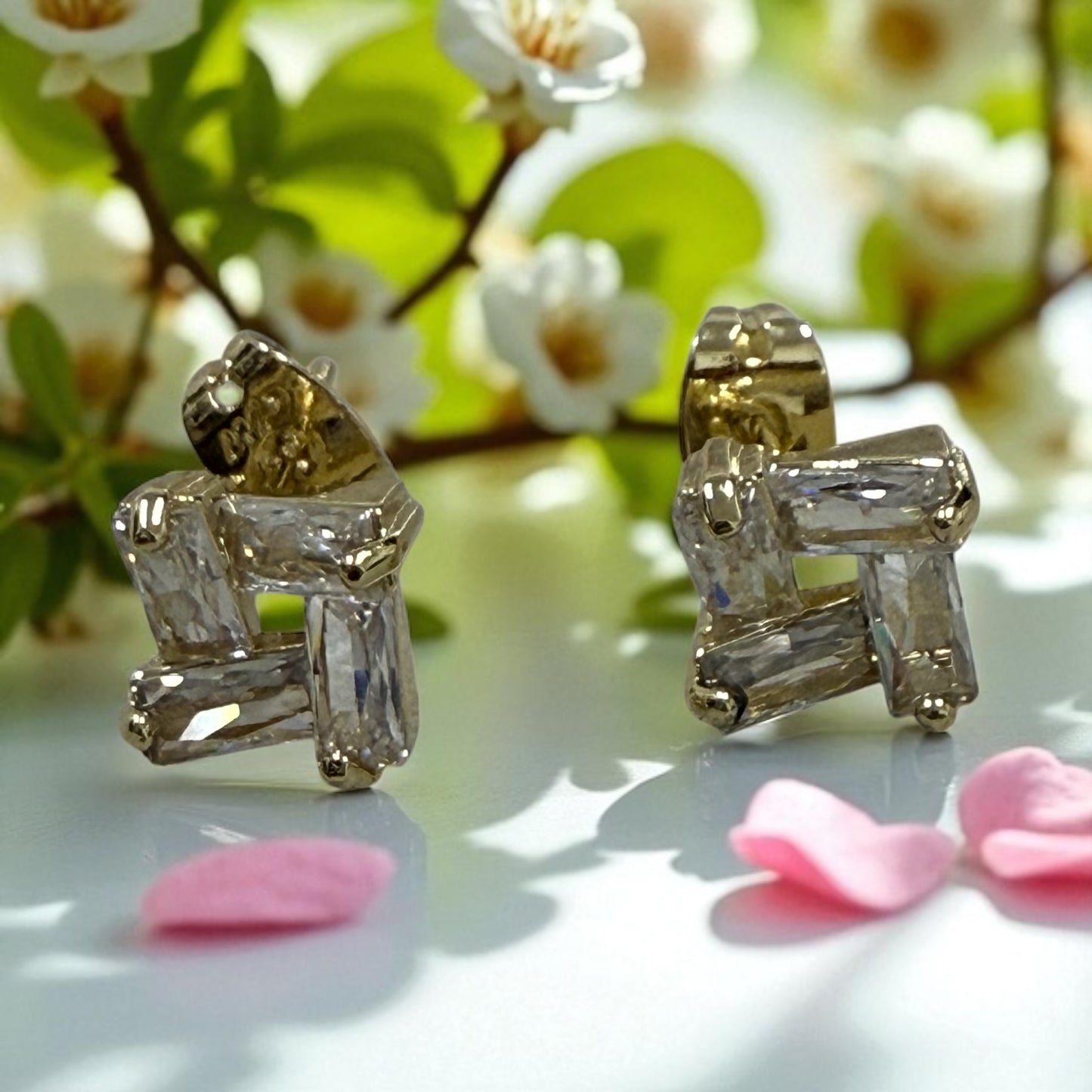 Square with CZ 14k Gold Electroplated Earrings