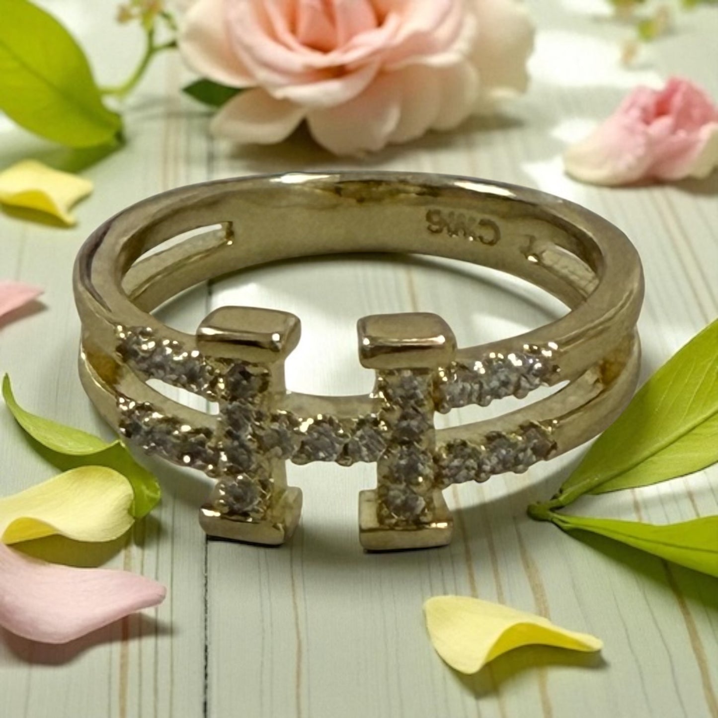 H Letter with Cz 14k Gold Electroplated Ring