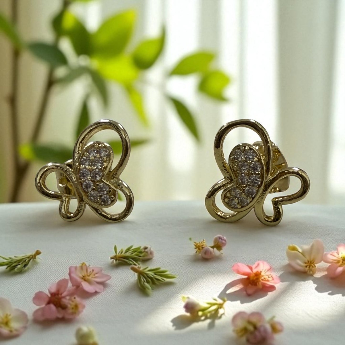 Butterfly with Cz 14k Gold Electroplated Earrings