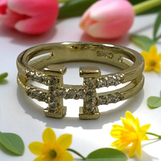 H Letter with Cz 14k Gold Electroplated Ring