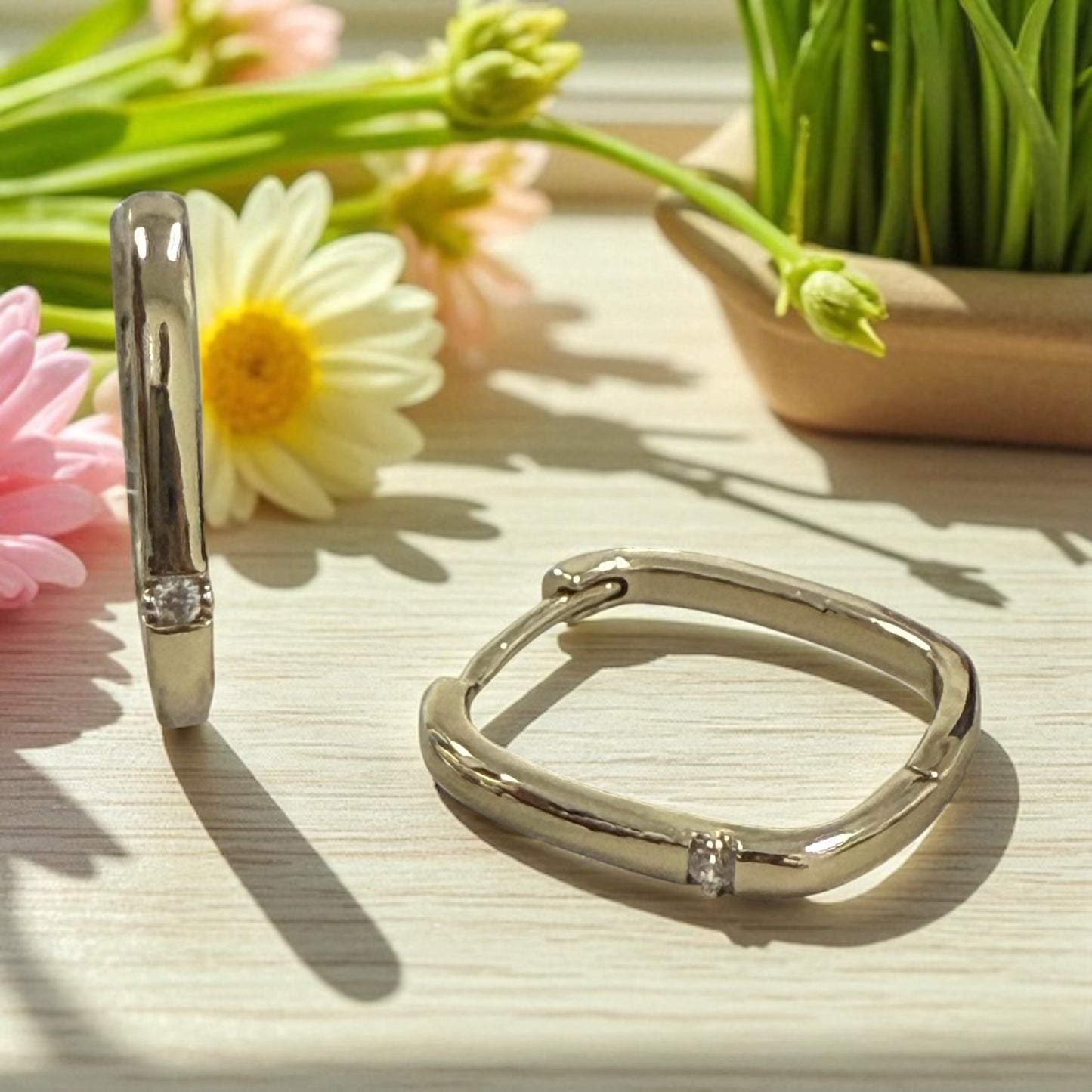 Square with Cz 14k Gold Electroplated Hoop Earrings