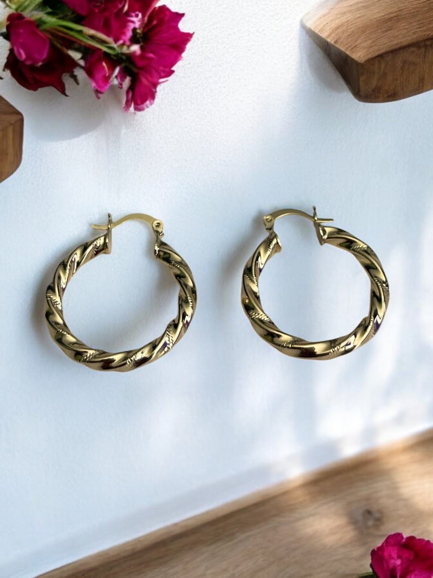 Thick Swirl Style 14k Gold Electroplated Hoop Earrings