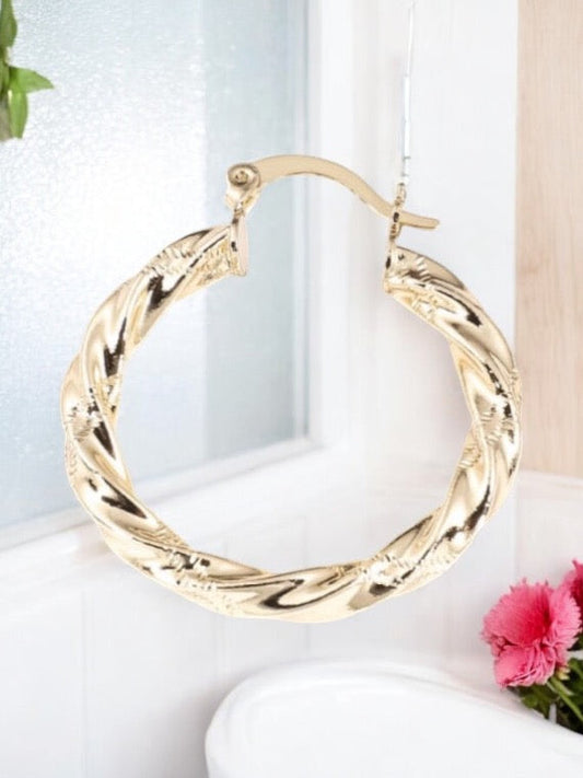 Thick Swirl Style 14k Gold Electroplated Hoop Earrings