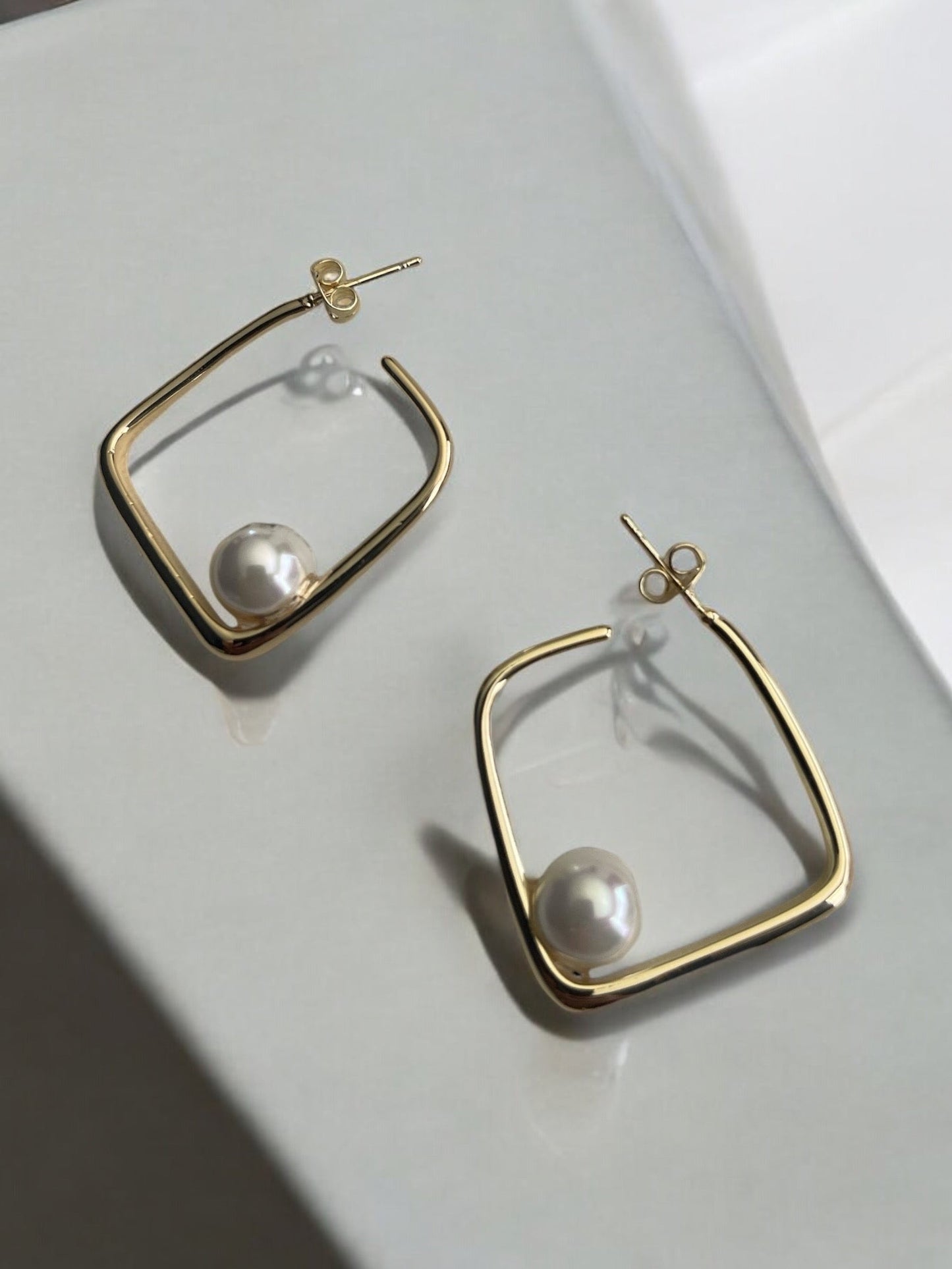 Square with Pearl Dangle 14k Gold Electroplated Earrings