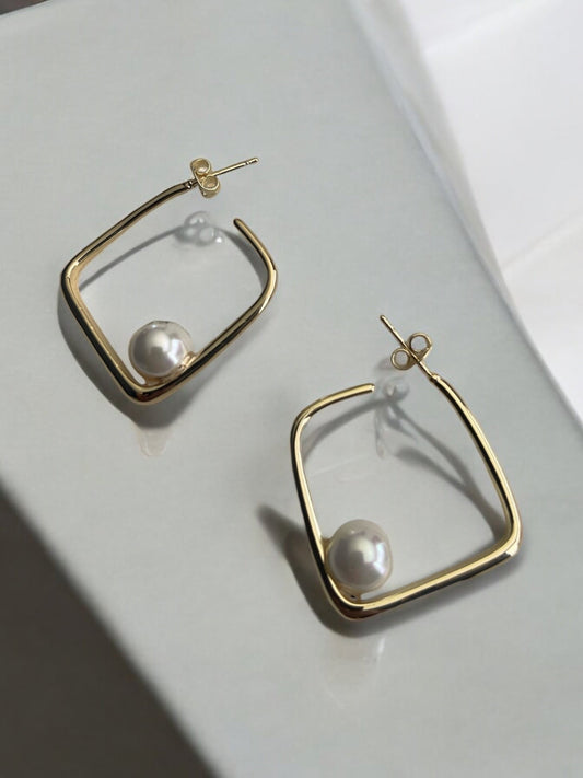 Square with Pearl Dangle 14k Gold Electroplated Earrings