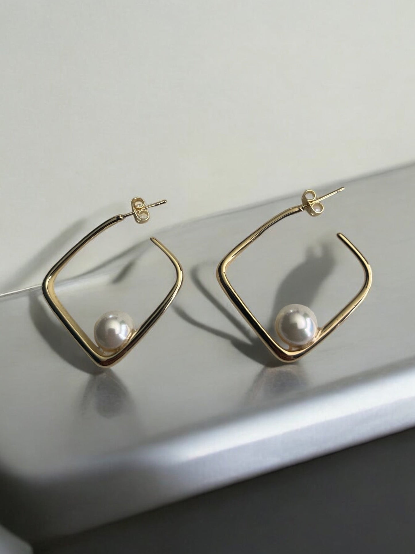 Square with Pearl Dangle 14k Gold Electroplated Earrings