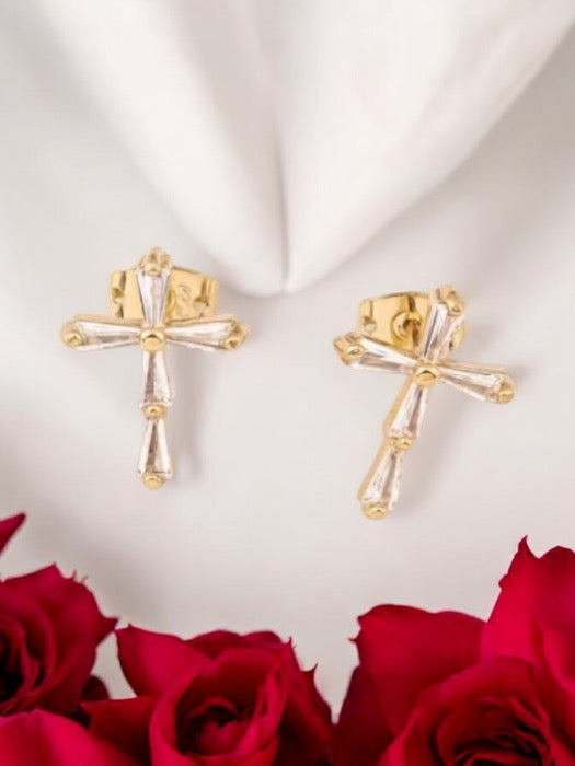 Cross Cz 18k Gold Electroplated Earrings