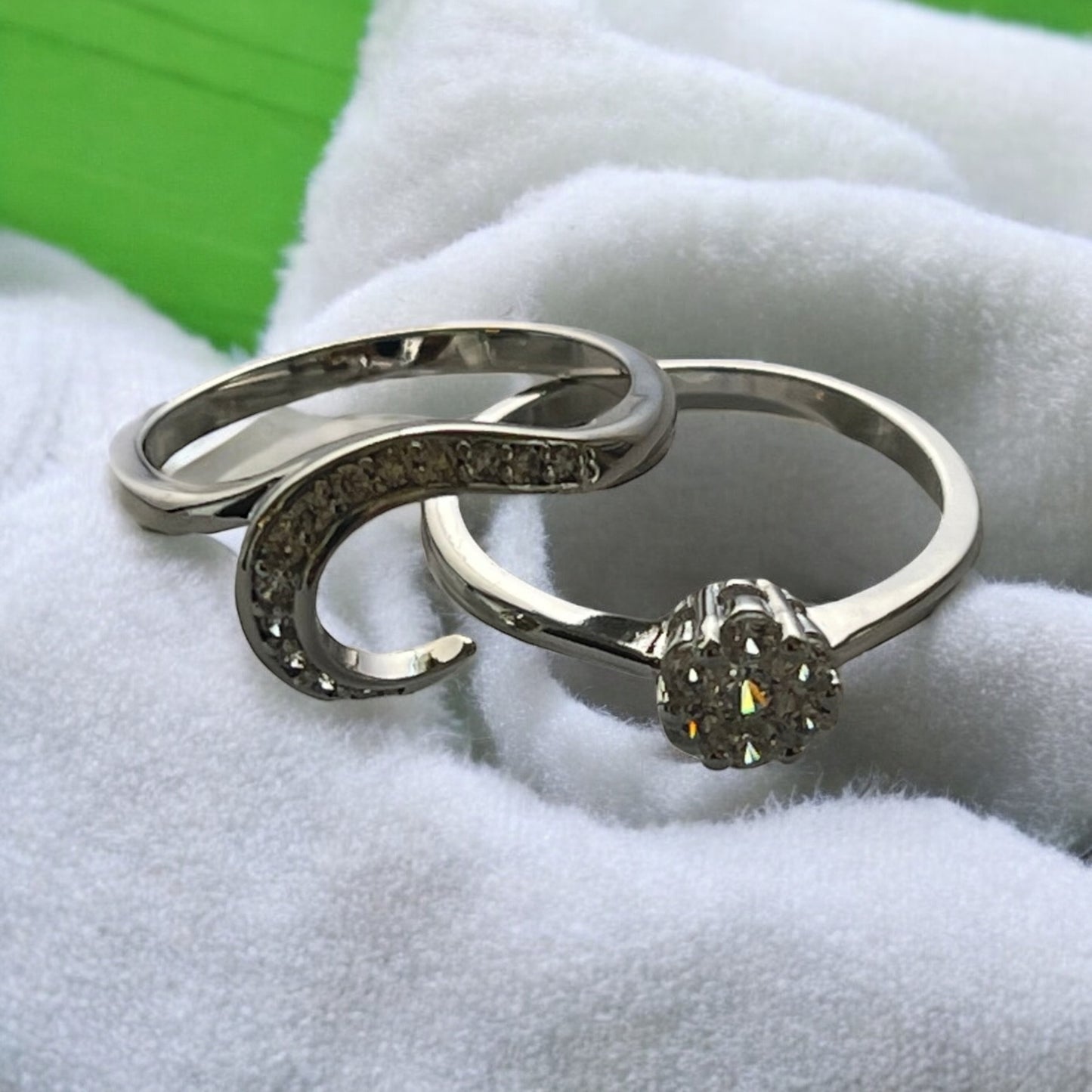 Rhodium Electroplated CZ Ring Set