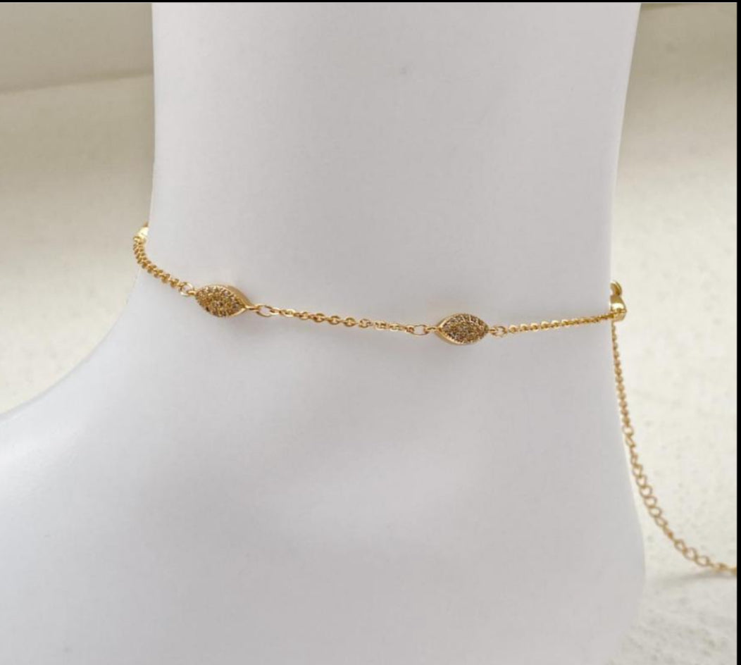 Oval CZ Bead 18k Gold Electroplated Ankle Bracelet