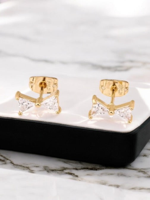Bow with Cz 18k Gold Electroplated Post Back Earrings