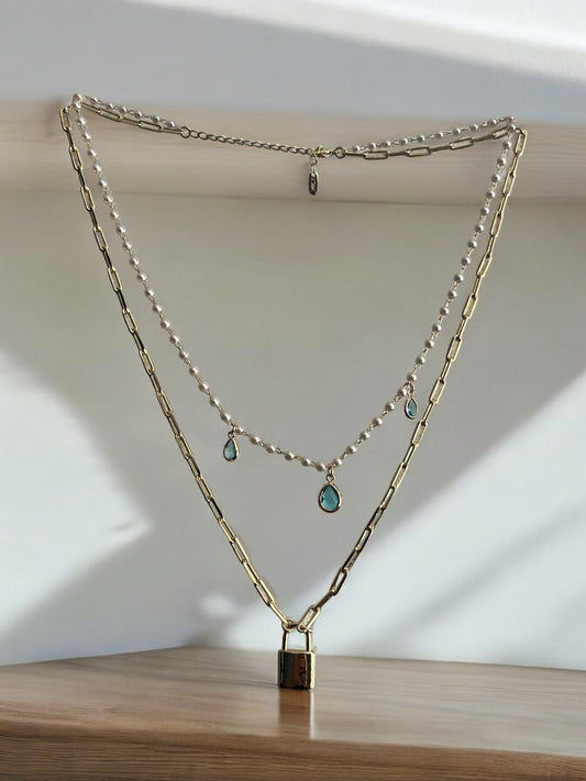 Double Layer Lock Pendant 14k Gold Electroplated Necklace